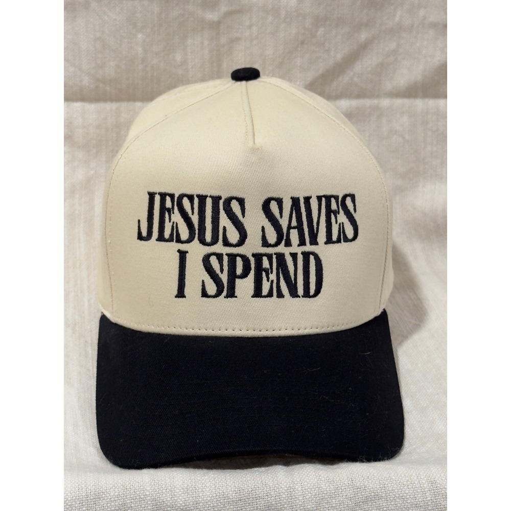C.C. Jesus Saves I Spend Snapback Baseball Hat Cream Black Cotton Graphic Cap